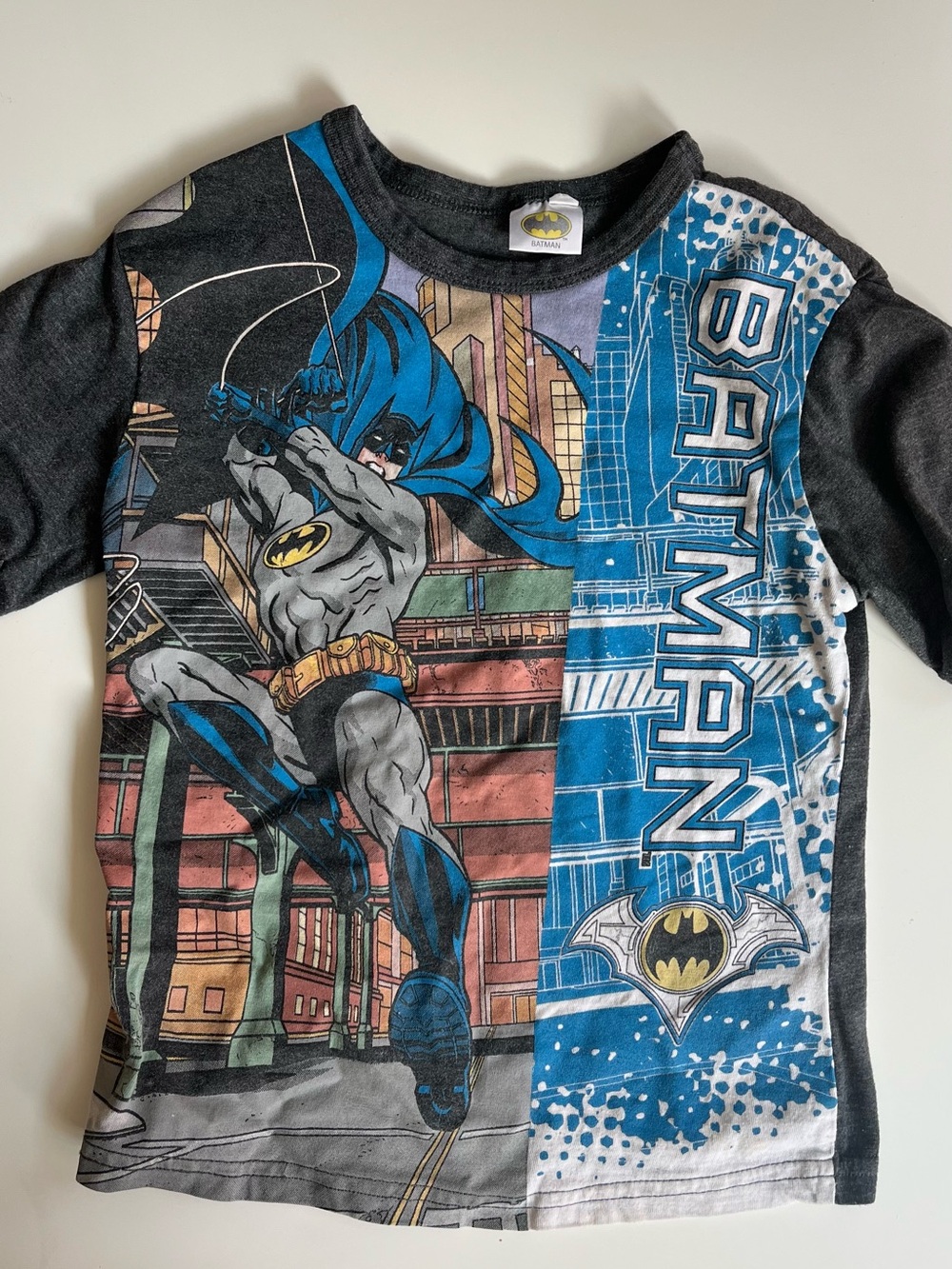 Batman Tee in Blue, Gray, Black with Yellow Logo